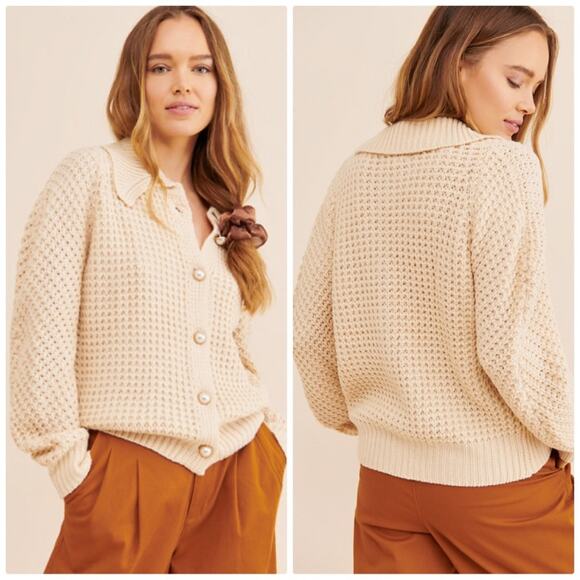 Moon River Collared Puff Sleeve Faux Pearl Button Sweater Cardigan Size Large‎ - Picture 1 of 6